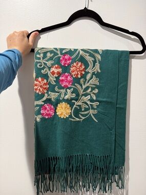 Embroidered Teal Floral Fringed Throw Scarf from Italy